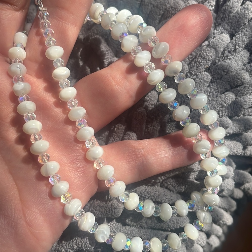 Natural Shell Bead Flat Round Mother of Pearl Rondelle & crystal spacers New